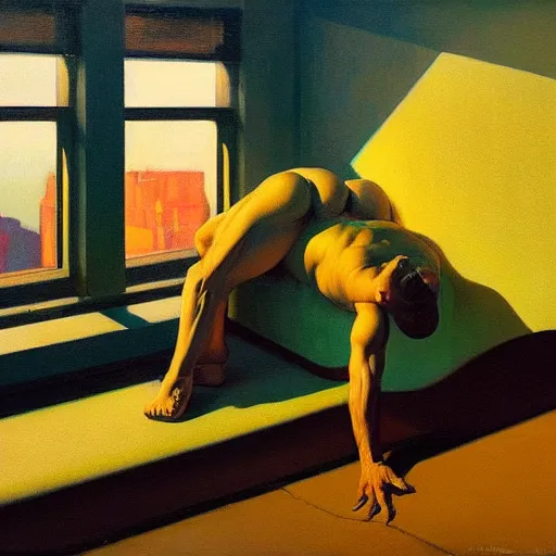 Prompt: a man melting into a puddle of liquid, pj crook, syd mead, livia prima, greg rutkowski, edward hopper