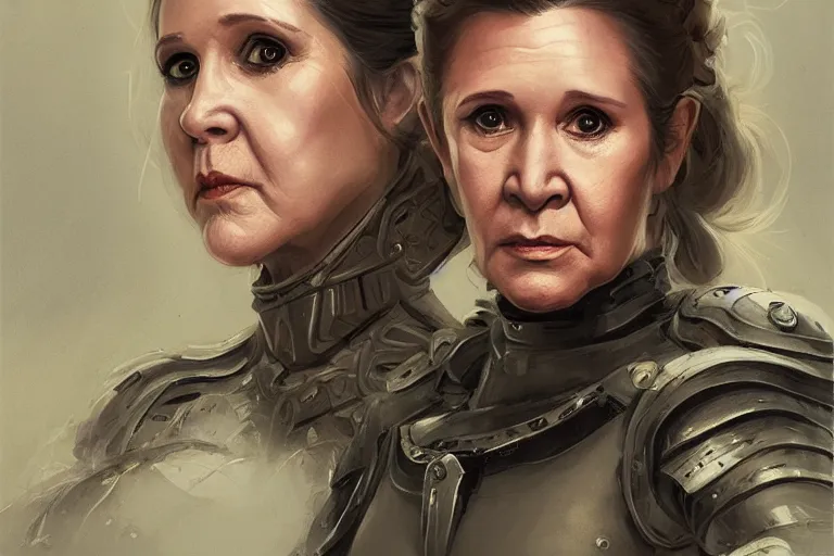 Image similar to a finely detailed portrait of Carrie Fisher, clothed in battle armor, olive skin, long dark hair, beautiful bone structure, symmetrical facial features, intricate, elegant, digital painting, trending on Artstation, concept art, smooth, sharp focus, illustration, from Metal Gear by Ruan Jia and Mandy Jurgens and Artgerm and Greg Rutkowski, award winning