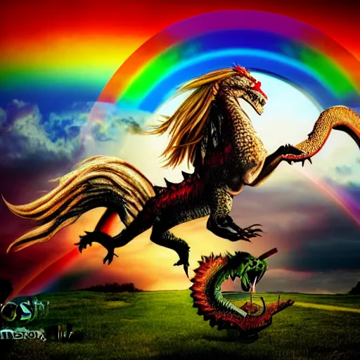 Image similar to photograph of avril lavigne riding a dragon through the clouds with rainbows and unicorns, high medieval fantasy, full color digital art, cinematic shot, portrait, wide shot.