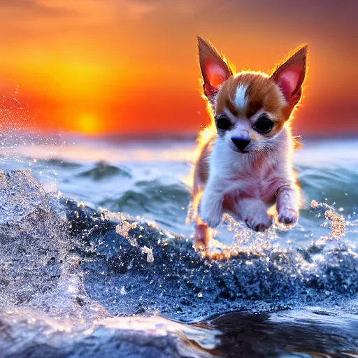 Image similar to a closeup photorealistic photograph of a cute kitten - chihuahua hybrid splashing in the surf during sunset. professional capture, well lit shot. this 4 k hd image is trending on artstation, featured on behance, well - rendered, extra crisp, features intricate detail, epic composition and the style of unreal engine.