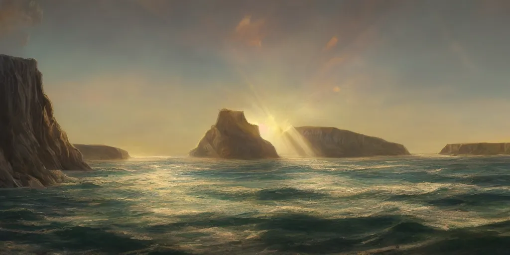 Image similar to the crystal cliffs of dover, viewed from the ocean, illustration, bright sunlight, sun glints, sunrays, digital art, hyperrealistic, oil painting, fantasy, 8 k, trending on artstation, detailed