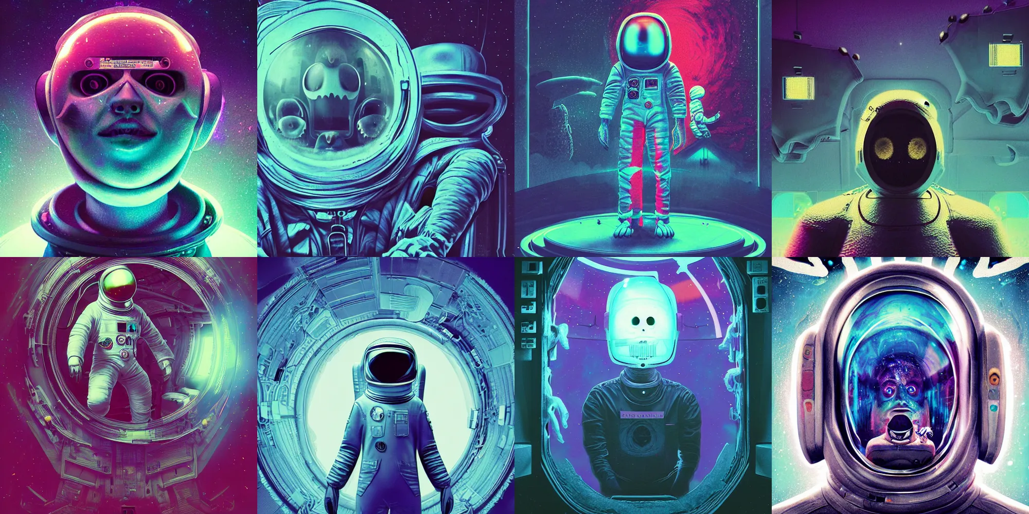 Image similar to scary astronaut, horror poster 9 0 s, cosmic horror, abstract, ghostly, arcade, duotone, poltergeist, lets get weird, intricate, elegant, highly detailed, smooth, sharp focus, unreal engine 5, raytracing, art by beeple and mike winkelmann, ultraviolet colors,