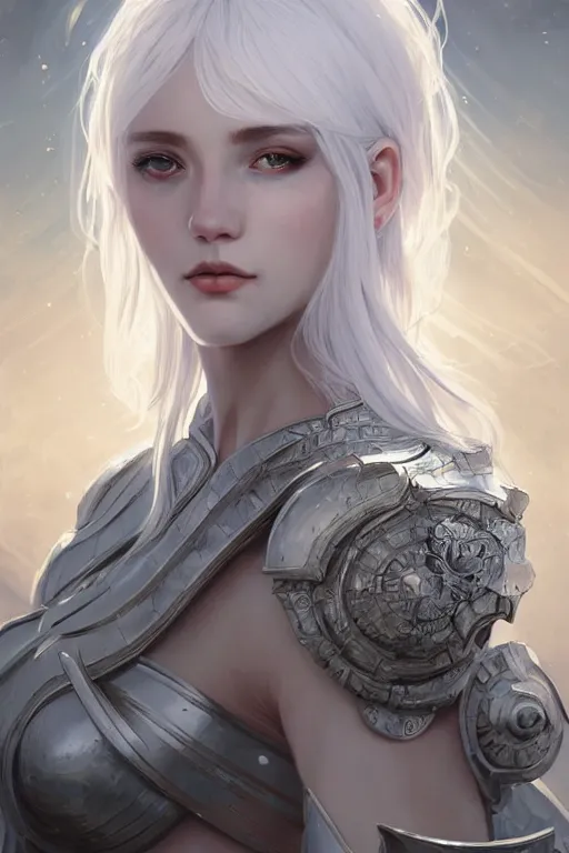 Image similar to portrait white hair knights of Zodiac girl, Sliver ice color reflected armor, in ruined Agora of Athens Sunrise, ssci-fi and fantasy, intricate and very very beautiful and elegant, highly detailed, digital painting, artstation, concept art, smooth and sharp focus, illustration, art by tian zi and WLOP and alphonse mucha