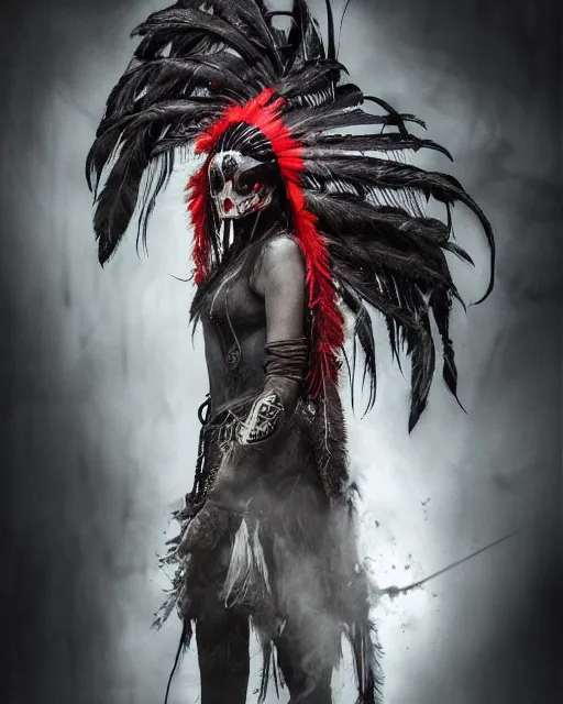 Image similar to the ghost - spirit of the grim - warpaint wears the scarlet skull armor and native blood headdress feathers, midnight fog - mist!, dark oil painting colors, realism, cinematic lighting, various refining methods, micro macro autofocus, ultra definition, award winning photo, photograph by giger and gammell