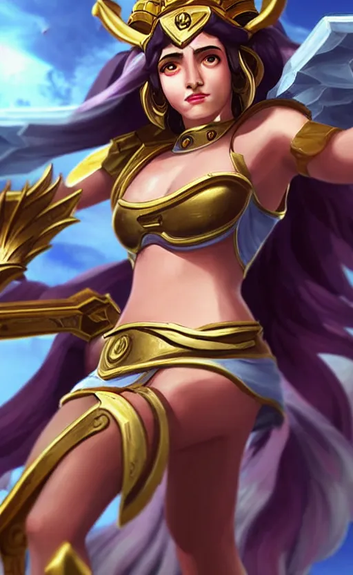 Image similar to athena greek god as a character in the game league of legends, with a background based on the game league of legends, detailed face, old 3 d graphics