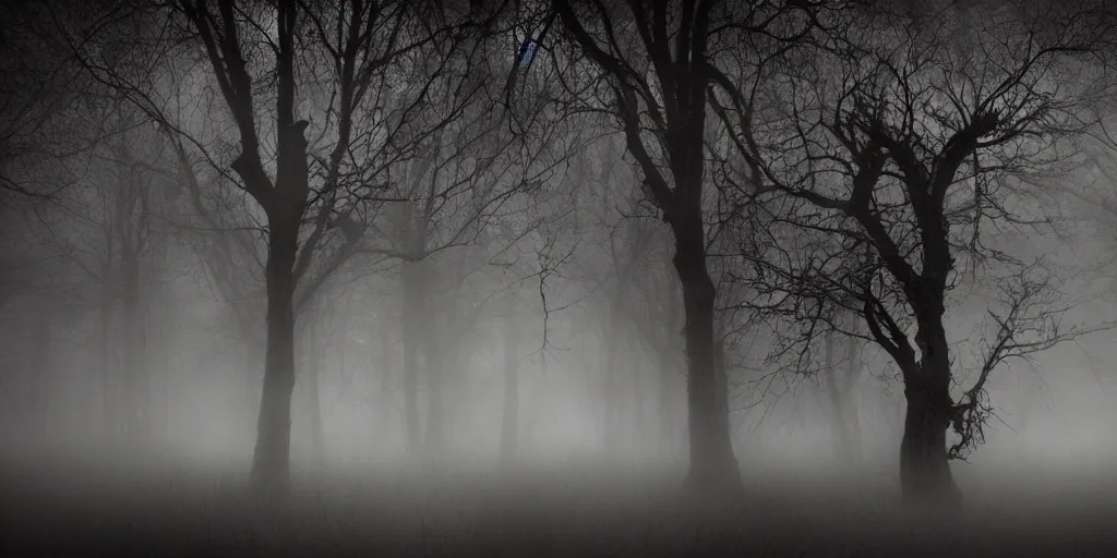 Image similar to fun strange darkness house, inspired by Tim Burton, (by Tim Burton) dark forest background dead tree, mist, fog, volumetric lighting