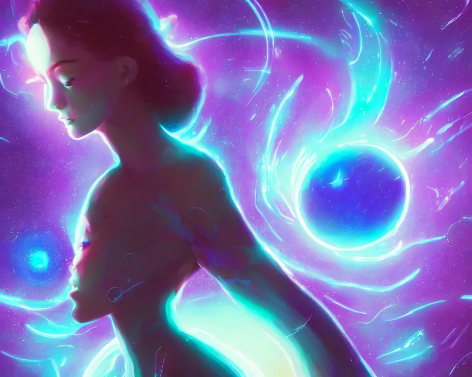 Prompt: a beautiful whimsical woman standing under a multi-colored binary blackhole with an accretion disc, casting magic, glowing trails following her arms, acidwave, by Lois van Baarle, by Greg Rutkowski, by artgerm, by beeple, by studio ghibli, cinematic angle, volumetric lighting, 4k resolution, octane render, trending on artstation, masterpiece