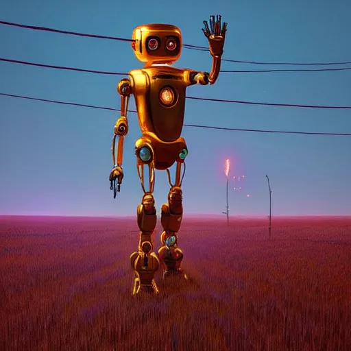 Prompt: digital painting of a glowing robot with gold wires levitating in a wheat field, synthetic humanoid smooth body, at night, stunning, cinematic lighting, concept art by greg rutkowski and simon stalenhag, artstation, cinematic, masterpice, insanely detailed, very realistic