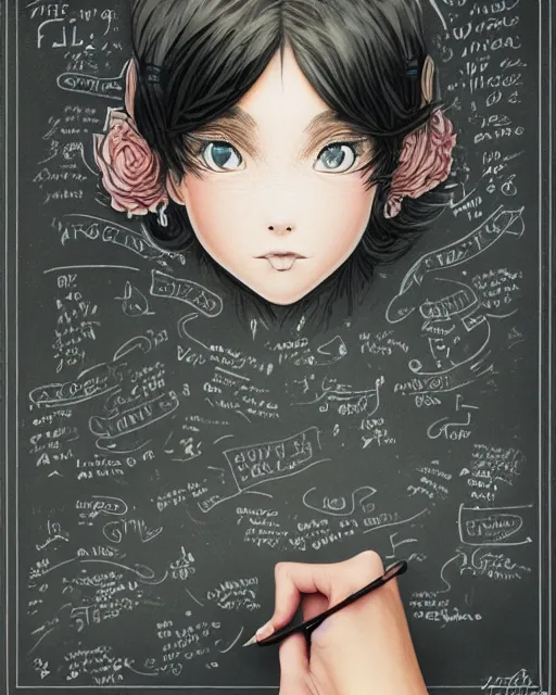 Image similar to a girl writing on a chalkboard, full shot, visible face, ambient lighting, detailed, art by ayami kojima, makoto shinkai, kilian eng