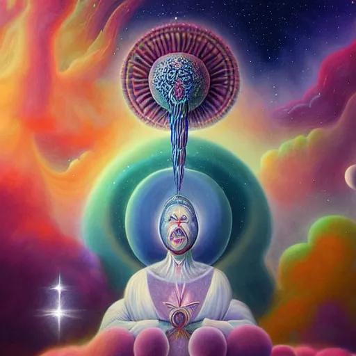 Image similar to obatala the cosmic god sitting in a cabana made of nebula clouds, by Adi granov and afarin sajedi and amanda sage and evgeni gordiets and Agostino Arrivabene in a psychedelic portrait style, ultrarealistic matte painting, volumetric lighting, fractal, extremely symmetrical, highly detailed face, orisha, 8k, hd