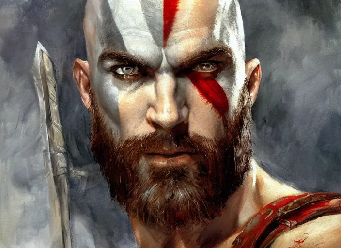 Prompt: a highly detailed beautiful portrait of antony starr as kratos, by gregory manchess, james gurney, james jean