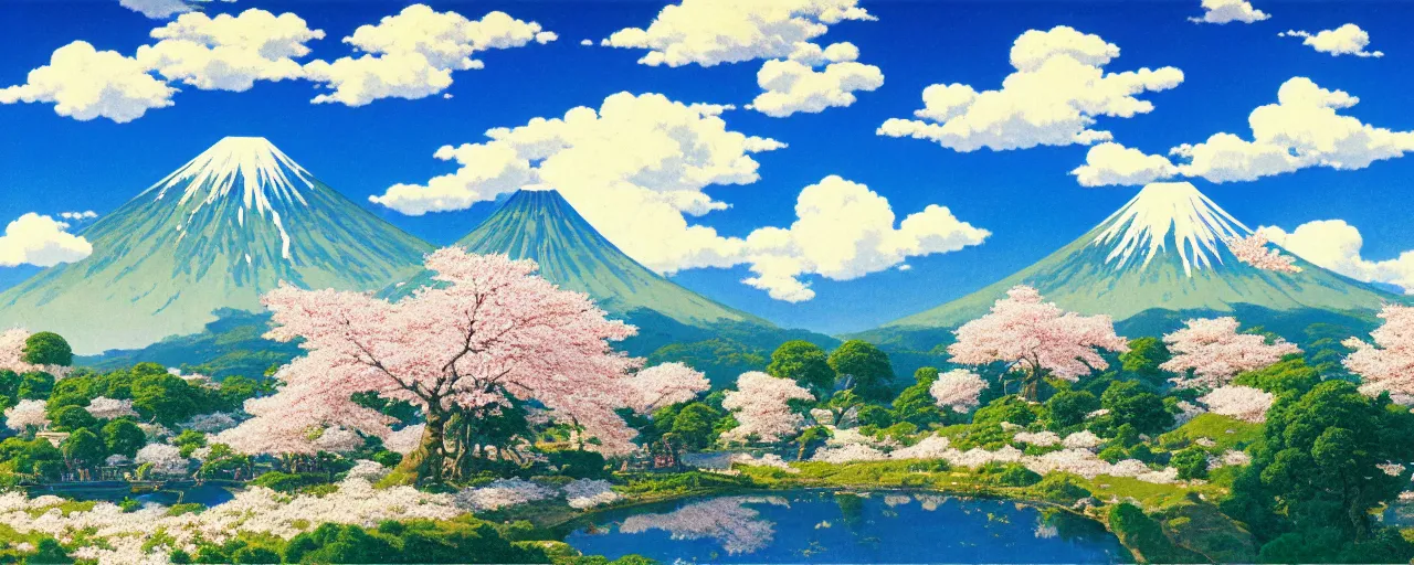 Image similar to ghibli illustrated background of a strikingly beautiful blue sky with puffy white clouds over a volcano with cherry blossom by eugene von guerard, ivan shishkin, john singer sargent, 4 k