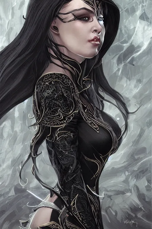 Prompt: elf sorceress character portrait wearing black silk looking over one shoulder, concept art, intricate details, highly detailed photorealistic portrait in the style of adam hughes, seseon yoon, artgerm and warren louw