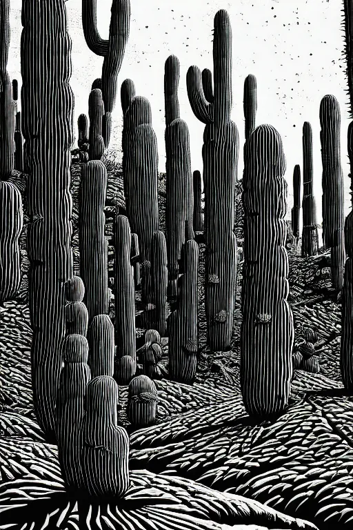Image similar to art by brian reedy, a beautiful black ink linocut print of the giant cactus forest baja mexico, 8 k, frostbite 3 engine, cryengine, ground level shot, dof, trending on artstation, digital art, crepuscular ray