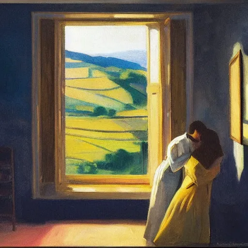 Image similar to a couple kissing, behind them is a window that shows a hilly landscape with vineyards, morning light, dreamy, hopper