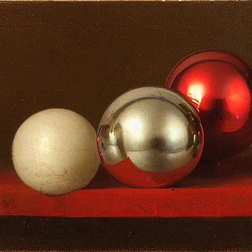 Prompt: chrome spheres on a red cube by jean baptiste simeon chardin