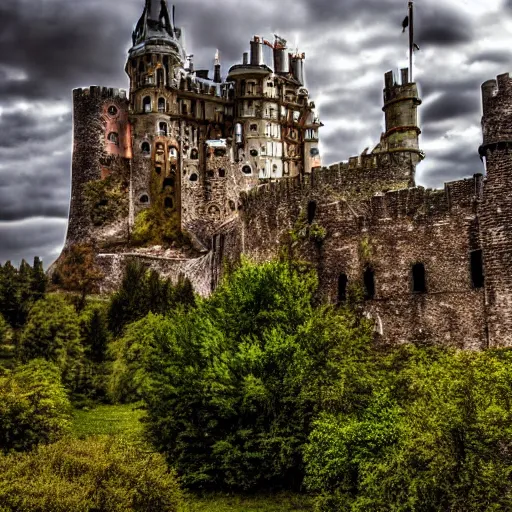 Image similar to a huge, rambling, quite scary - looking castle, with a jumble of towers and battlements, building, fantasy, landscape photo