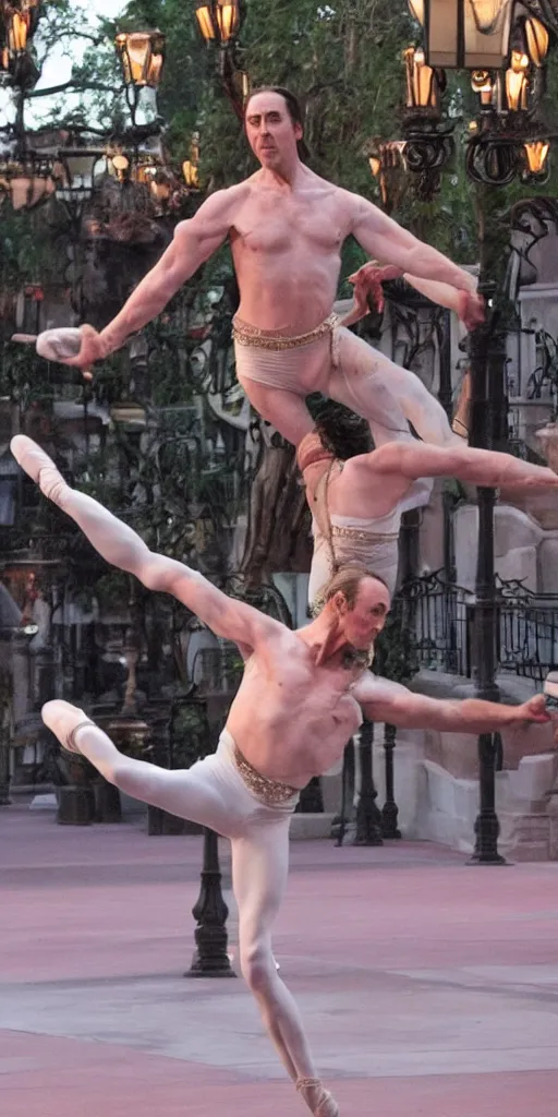 Image similar to nicholas cage ballet dancer in disney world detailed, cinematic