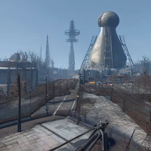 Image similar to the atomium from belgium in fallout 4, screenshot, high res, raytracing