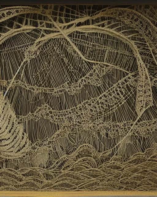 Prompt: a massive tidal wave, made of intricate decorative lace leaf skeleton, in the style of the dutch masters and gregory crewdson, dark and moody