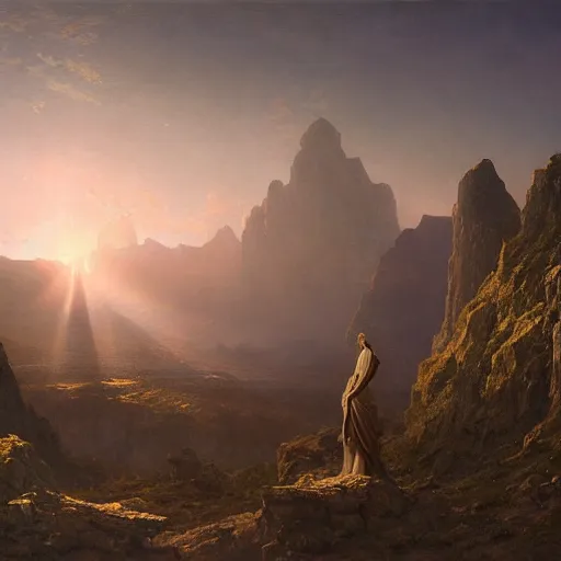 Image similar to an ultradetailed matte landscape painting of mountain sized sculpture of a beautiful and elegant woman, sunrise on the horizon in the background, stone hand raised up, 8 k, art by greg rutkowski and albert bierstadt