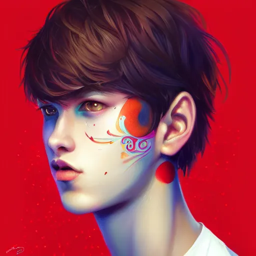 Image similar to colorful and festive captivating teenager with straight brown hair covering his eye, dark skin, big lips, big eyes, wearing a red t - shirt. rich vivid colors, ambient lighting, dynamic lighting, 4 k, atmospheric lighting, painted, intricate, highly detailed by charlie bowater