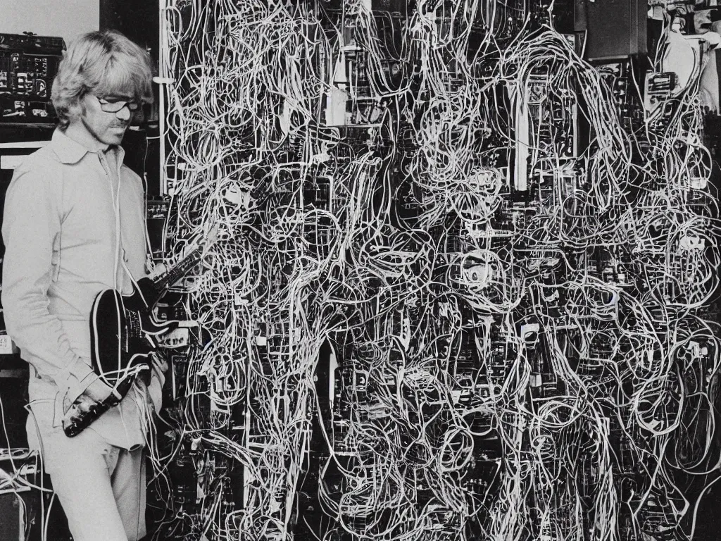 Prompt: 1980s photograph of a man made of electric guitars, wires and 80s modular synthesizers