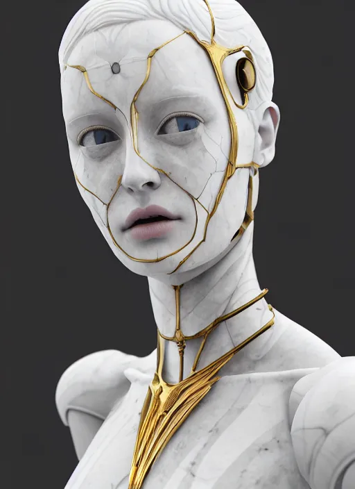 Prompt: a statue made of white marble with gold veins, of an gorgeous futuristic cybernetic angel girl, prostheses, transhumanism, full body shot, perfect symmetrical body, perfect symmetrical face, hyper realistic, hyper detailed, by johannen voss, by peter kemp, by monia merlo, by michelangelo, octane render, blender, 8 k