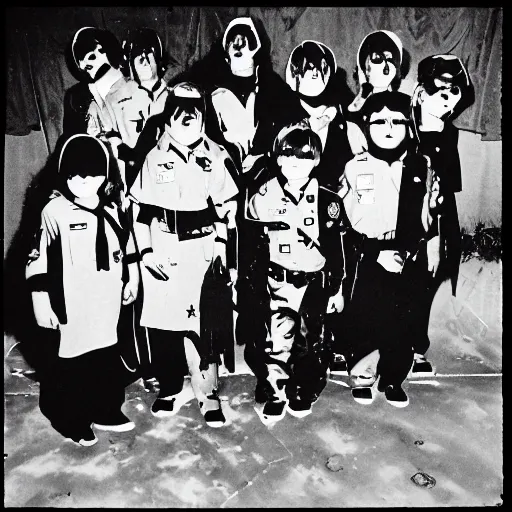 Image similar to Satanic States of America, alternate history, 1980s, boy scouts, goth boy scouts, Satanic boy scouts, black clothing, occult ritual, 1987, 16mm photograph