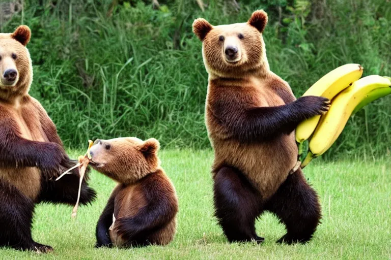 Prompt: two bears eating bananas, a photo