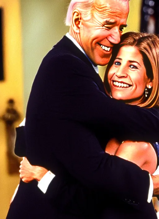 Image similar to film still of joe biden hugging rachel green in the show friends