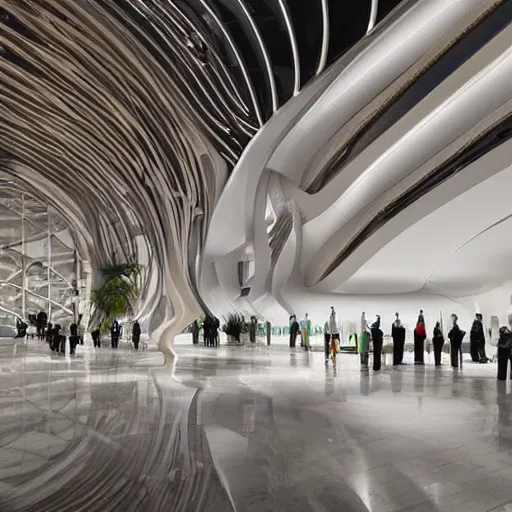 Image similar to extremely detailed ornate stunning beautiful elegant futuristic museum lobby interior by Zaha Hadid