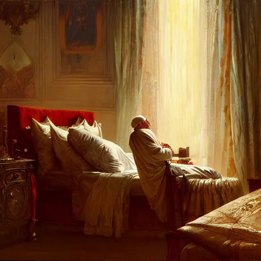 Image similar to the pope wakes up is his bed, sweating, nervous and terrified, a shadow demon lurks in the curtains of the papal bedroom. highly detailed painting by gaston bussiere, j. c. leyendecker, greg rutkowski, craig mullins 8 k