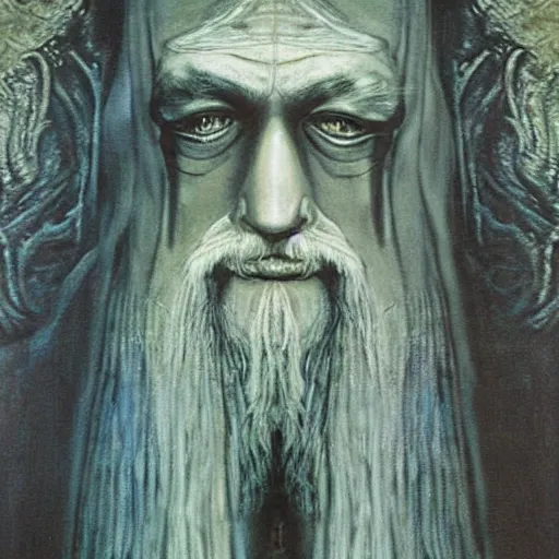 Prompt: gandalf ( left ) and frodo, by h. r. giger. painting, oil on canvas