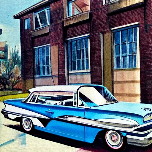 Image similar to painting of a 1960s American car parked outside of an apartment block, atmospheric lighting, detailed, optimistic