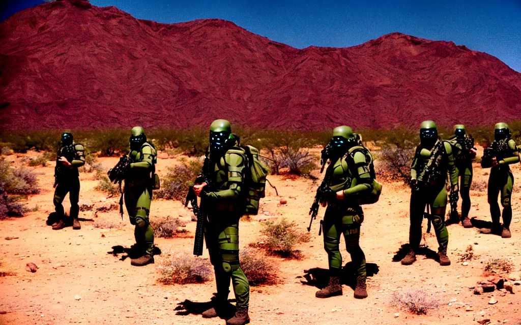 Image similar to a team of five people in dark green tactical gear like death stranding and masks, red mesas behind them, look at a desert oasis in the distance. They 're afraid. dusty, red, mid day, heat shimmering, 35mm film