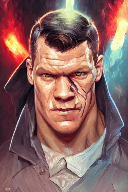 Prompt: portrait of john cena as harvey dent two face, godlike, upper body, fantasy, intricate, elegant, highly detailed, digital painting, artstation, concept art, sharp focus, illustration, art by artgerm and greg rutkowski and alphonse mucha