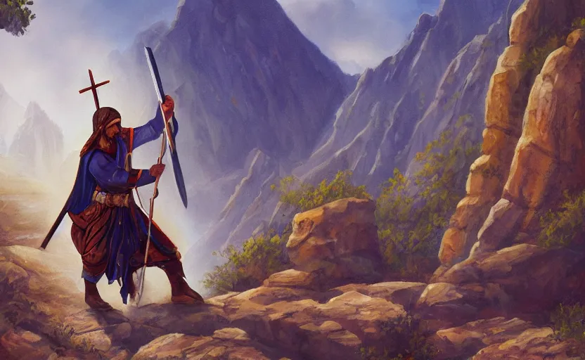 Image similar to christian orthodox paladin sharpening a yatagan, canyon background, fantasy art