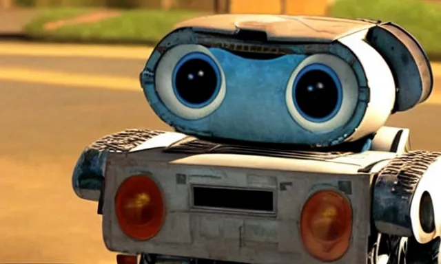 Image similar to full - color cinematic movie still from the 2 0 0 8 pixar animated film wall - e starring johnny 5 the robot from short circuit. high - definition 3 d - rendered animation.