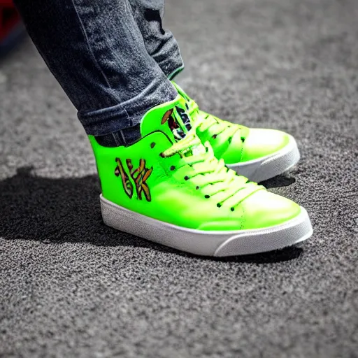 Prompt: close up photo sneakers with alien bastkeball player jordan logo, high quality product photo
