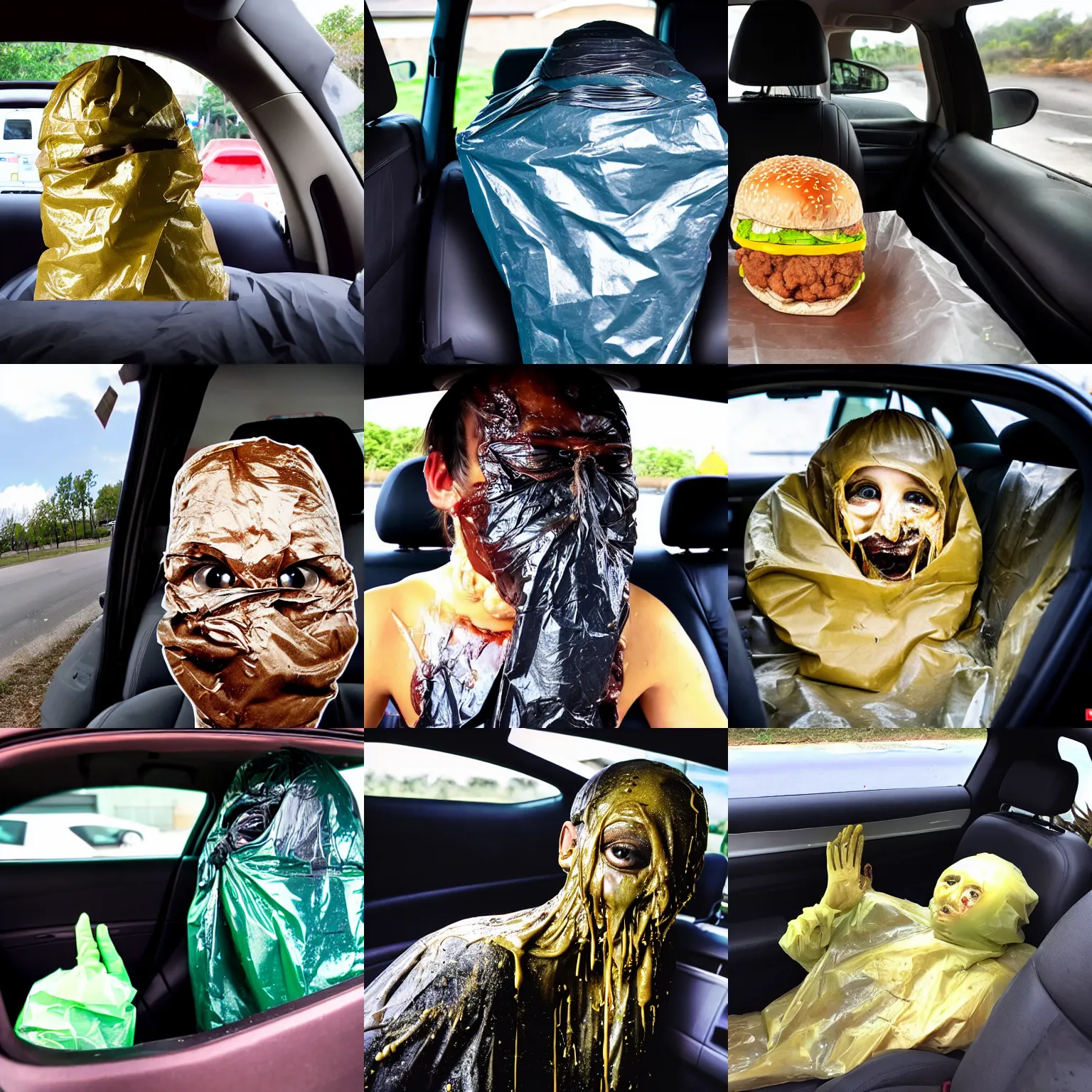 Prompt: emaciated stinking garbage bag with human face oozing goop inside car, fast food review, wide angle, specular highlights, fetid atmosphere