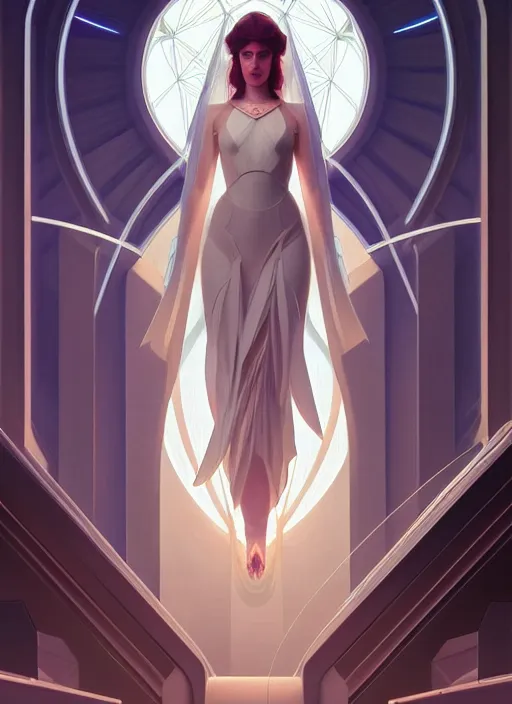 Image similar to symmetry!! portrait bride, going down the stairs, futurism, sci - fi, glowing lights!! intricate, elegant, highly detailed, digital painting, artstation, concept art, smooth, sharp focus, illustration, art by artgerm and greg rutkowski and alphonse mucha, 8 k