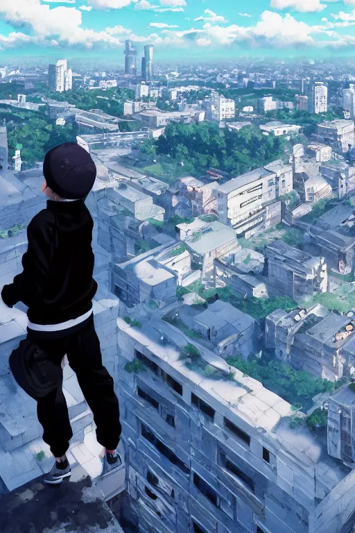 Image similar to sad gopnik boy in black adidas sportswear squating фand looking atop of a urban plateau filled with soviet residential buildings, summer, dreamy, beautiful clouds, birds in the sky, ultra detailed, beautiful lighting, wallpaper, cityscape, beautiful artwork by makoto shinkai