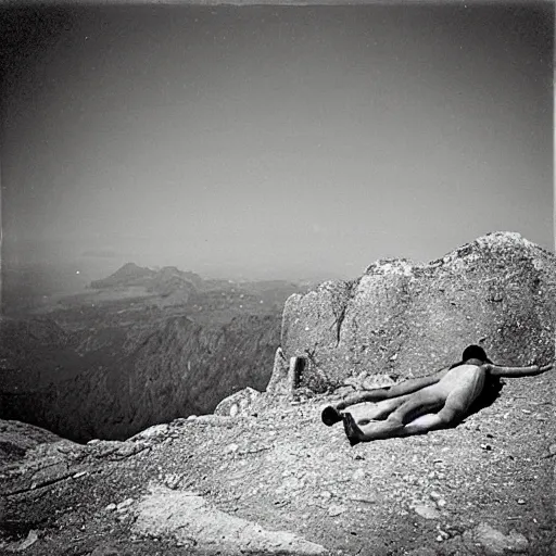 Prompt: a men laying on ground on top of a mountain, a black and white photo by Sergio Larraín, featured on flickr, remodernism, movie still, criterion collection, 1920s