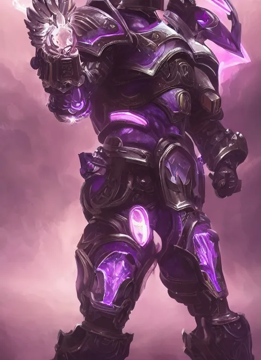 Prompt: a highly detailed illustration of fantasy cyber knight with machine gun arms, with flaming plume, rigid bulky armor, purple glowing core in armor, dramatic standing pose, intricate, elegant, highly detailed, centered, digital painting, artstation, concept art, smooth, sharp focus, league of legends concept art, WLOP