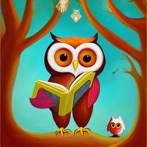 Prompt: a painting of an owl with a book in its hands, an airbrush painting by jeremiah ketner, behance contest winner, pop surrealism, storybook illustration, tarot card, lovecraftian