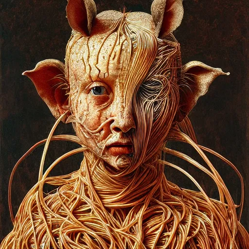 Prompt: half boy half rhino made of spaghetti, intricate armor made of spaghetti fractals, by giuseppe arcimboldo and ambrosius benson, renaissance, intricate and wet oil paint, a touch of beksinski, realistic