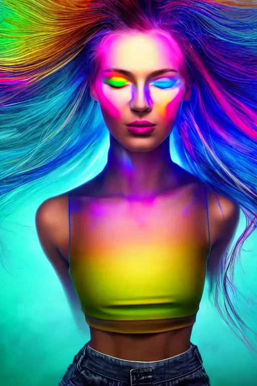 Image similar to a award winning half body portrait of a beautiful woman with stunning eyes in a croptop and cargo pants with rainbow colored ombre hairstyle head in motion and hair flying by thomas danthony, surrounded by whirling illuminated liquids and lines, outrun, vaporware, shaded flat illustration, digital art, trending on artstation, highly detailed, fine detail, intricate