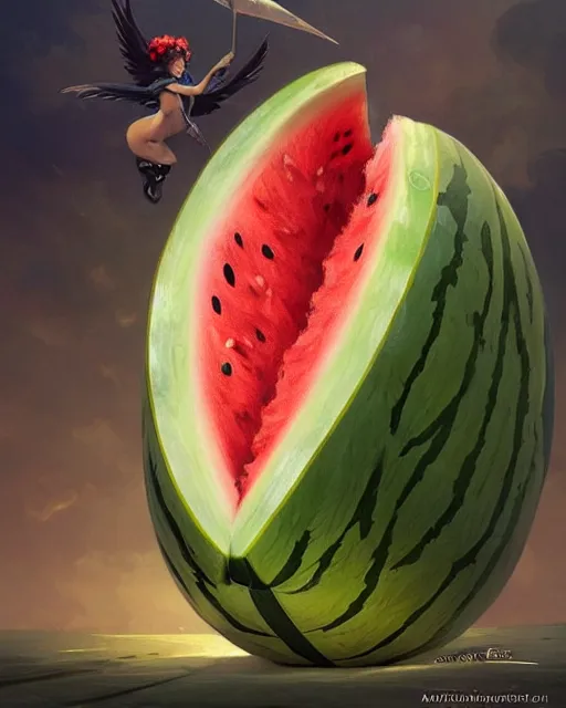 Image similar to an giant watermelon with small wings, cute pose, highly detailed, digital painting, artstation, concept art, smooth, sharp focus, illustration, art by artgerm and greg rutkowski and alphonse mucha