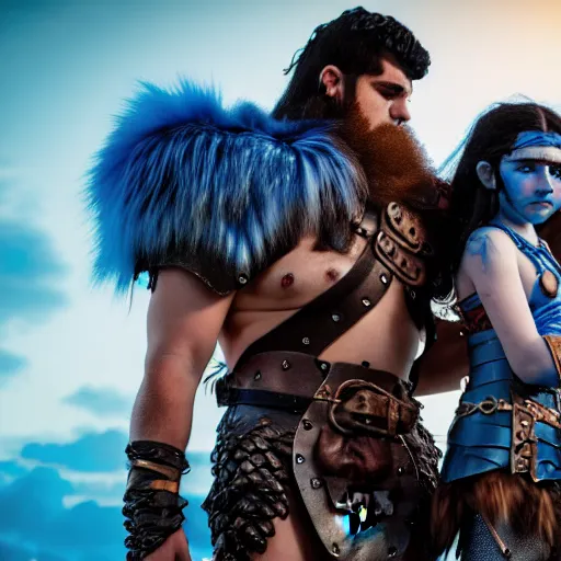 Image similar to a male DND barbarian wearing leather armor and fur holding a small blue-skinned Triton girl with black hair, high resolution film still, 4k, HDR colors, a dnd Triton girl with blue skin and messy black hair